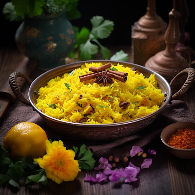 illustration of Yellow Saffron rice made in festival season Generative ai