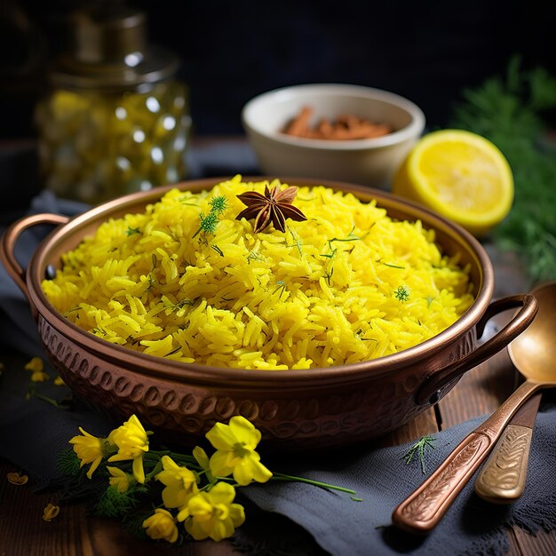 illustration of Yellow Saffron rice made in festival season Generative ai