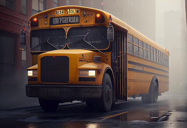 Photo illustration of yellow school bus driving in city background in the rain ai