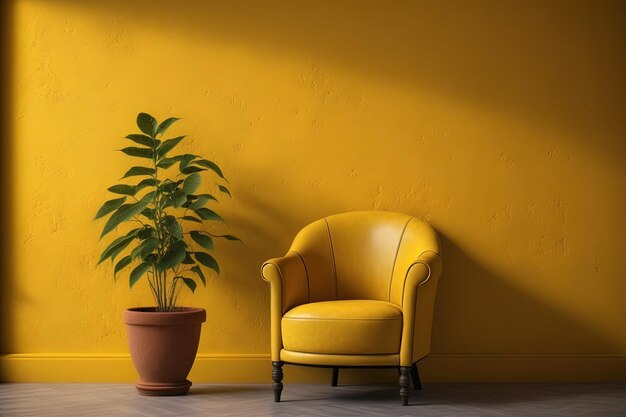 Illustration of yellow wall armchair and potted plant Generative AI