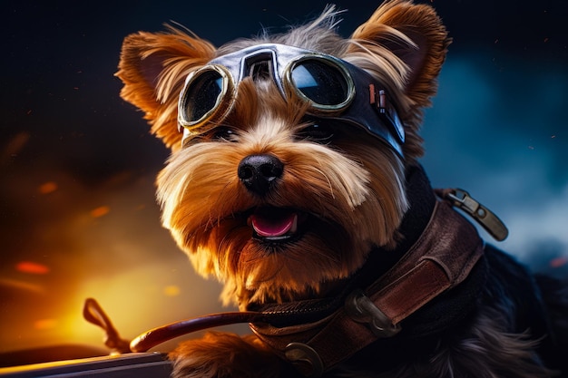 Illustration of Yorkshire terrier wearing aviator goggles Dog pilot in plane Generative AI