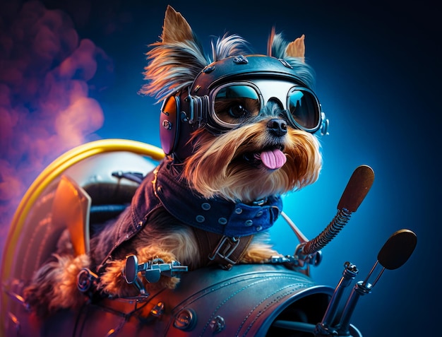 Illustration of Yorkshire terrier wearing aviator goggles Dog pilot in plane Generative AI