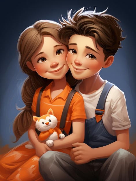 an illustration of a young boy and girl hugging each other