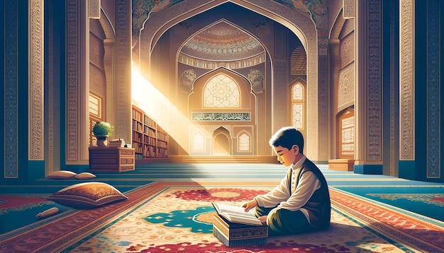 Illustration of a young boy in traditional attire reading a holy book qran