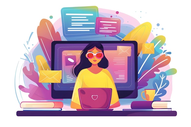 Illustration of young cheerful teacher man with laptop at the table on educational background with school items International happy teachers day and online education success concept in vector style