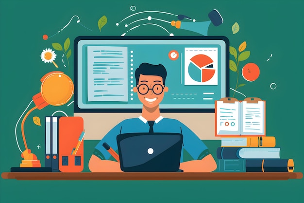 Illustration of young cheerful teacher man with laptop at the table on educational background with school items International happy teachers day and online education success concept in vector style