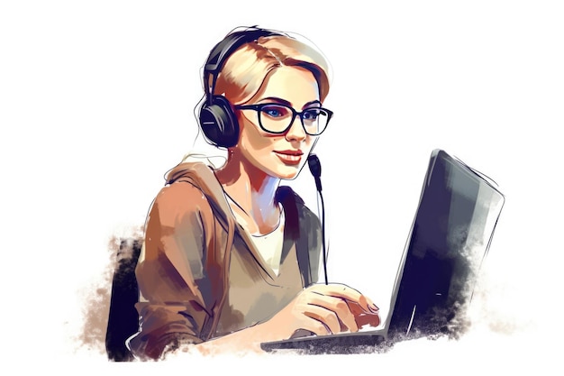 Illustration young customer service representative working in front of a computer minimalist on a white background generative ai