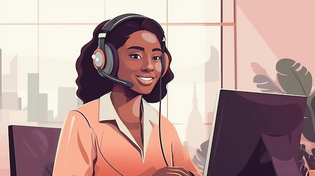 Illustration a young darkskinned woman a call center worker with headphones serves customers