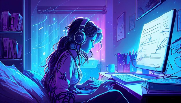 illustration of a young girl DJ sits in front of a computer and listening the music