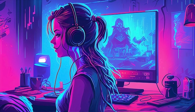 Photo illustration of a young girl dj sits in front of a computer and listening the music