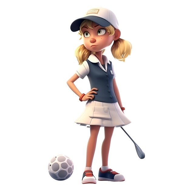 Photo illustration of a young girl playing golf with a ball on a white background