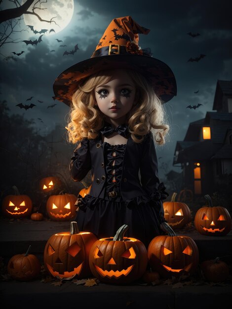 Illustration of a young girl in a witch costume