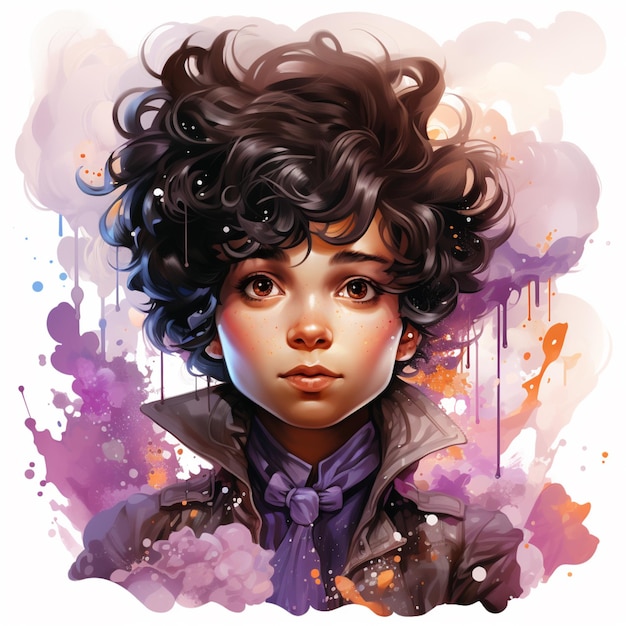 illustration of a young girl with a curly hair and a purple shirt generative ai