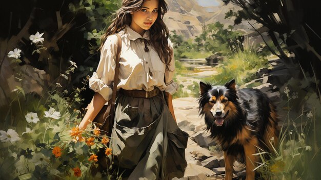 illustration of a young girl with a dog in the forest at autumn