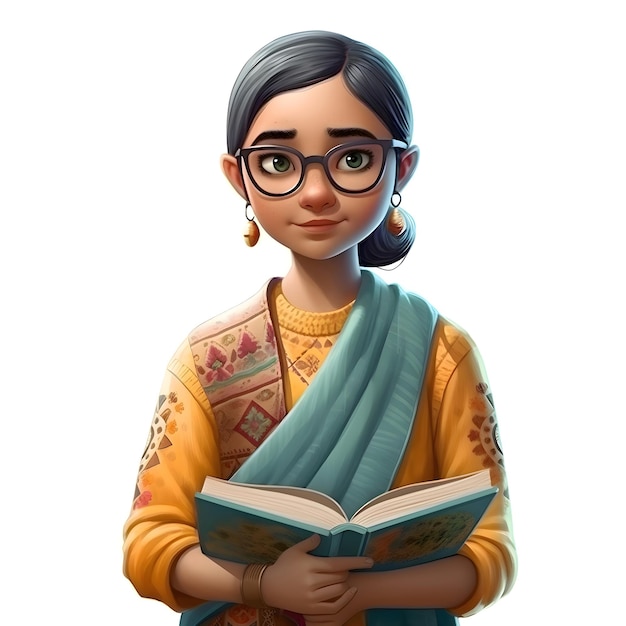 白い背景で本を読んでいる若いインド人の女の子のイラスト
