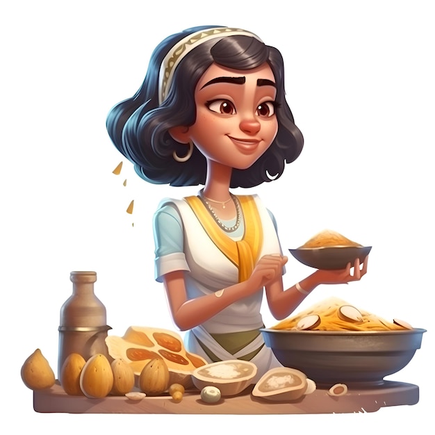 Illustration of a young Indian woman cooking food in the kitchen