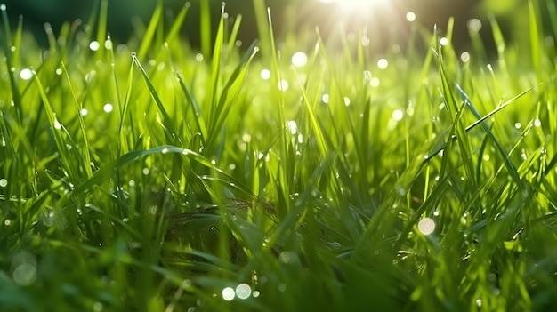 Illustration of young juicy green green grass with white dandelions Macro bokeh sunlight AI