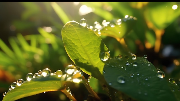 Illustration of a young juicy green leaf with water drops Macro bokeh sunlightAI