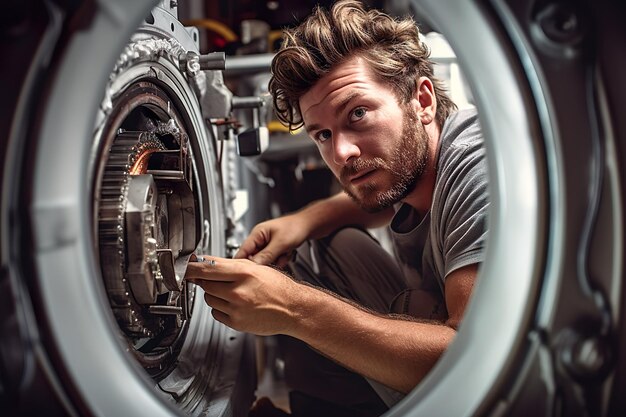 Photo illustration of young male repairing washing machine