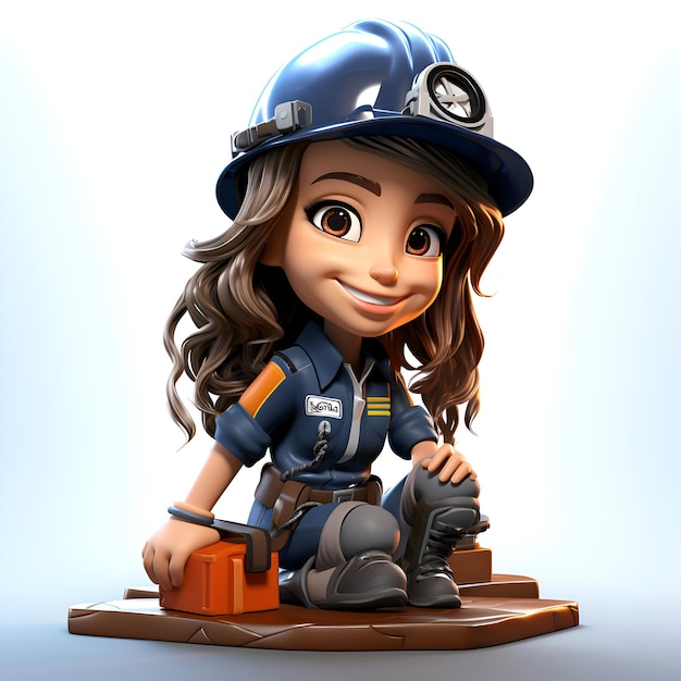 Illustration of a young police girl sitting on a block with tools