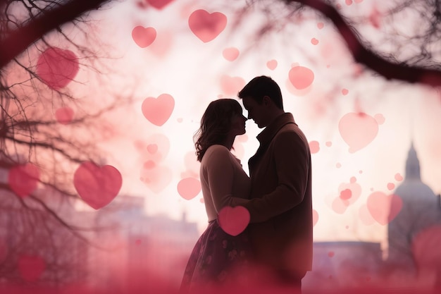 Photo illustration of young romantic couple hug against cosy unfocused pink hearts on background