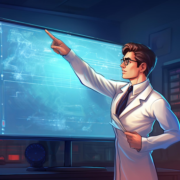 illustration of A young scientist is facing a blank large screen