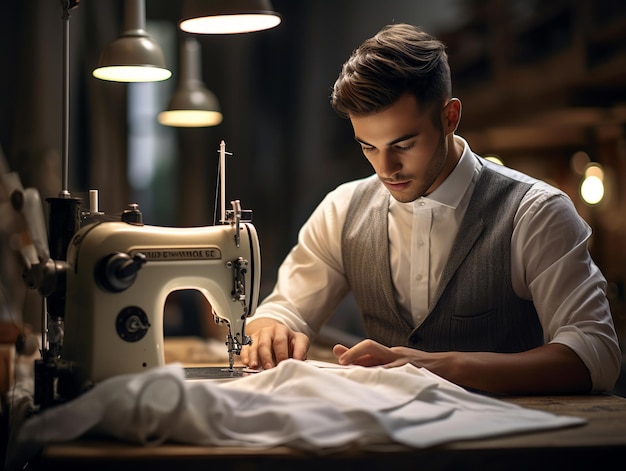 illustration of Young tailor working with a sewing machine in a mode