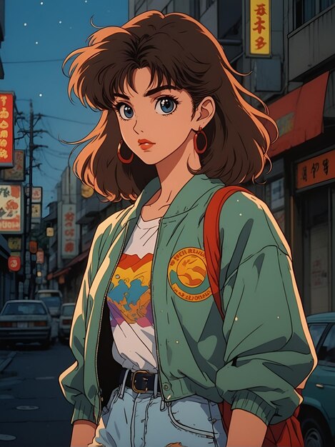 90年代のアニメのスタイルで描かれた若い女性のイラスト