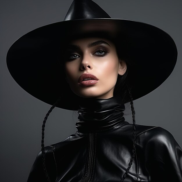 贅沢な黒のつば広帽子をかぶった若い女性のイラスト