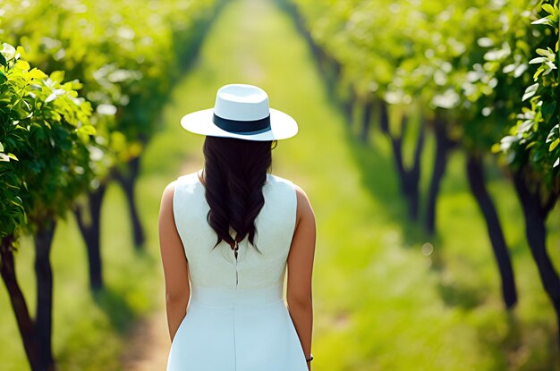 Иллюстрация молодой женщины, созерцающей пейзаж виноградников, созданный искусственным интеллектом
