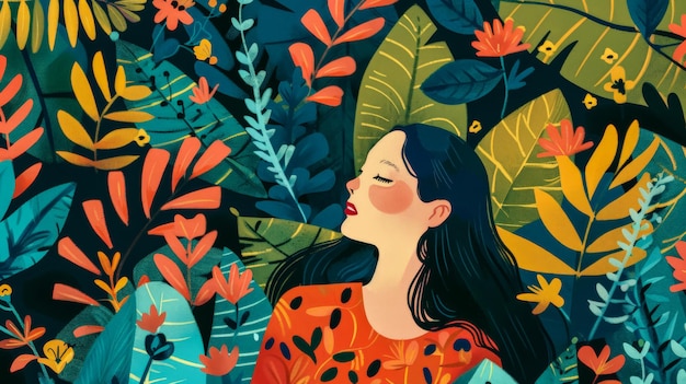 Illustration of a young woman in harmony with her environment