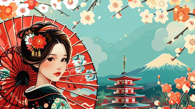 An illustration of a young woman in traditional Japanese
