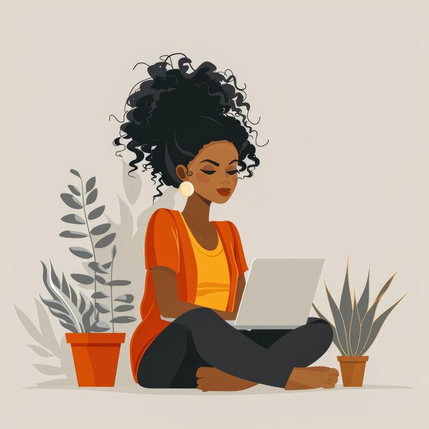 Photo illustration of young woman working on a laptop in minimalist style home office concept design