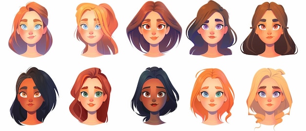 색 바탕에 새겨진 젊은 여성의 얼굴 일러스트레이션 설명: 머리 헤어스타일, 눈빛, 수염과 같은 여성 아바타 디자인 요소의 현대적인 일러스트
