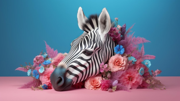Illustration of a zebra among a colorful of flowers