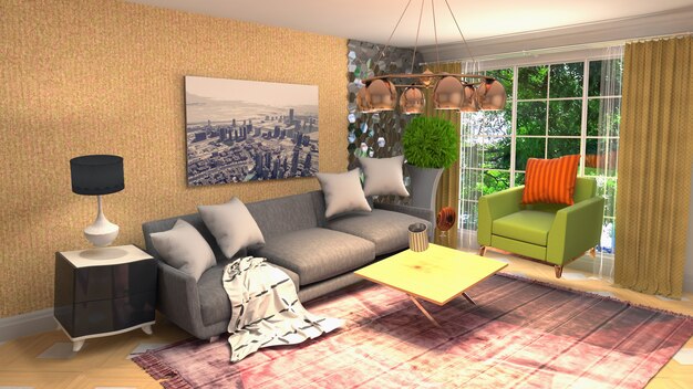 Illustration of zero Gravity Sofa hovering in living room