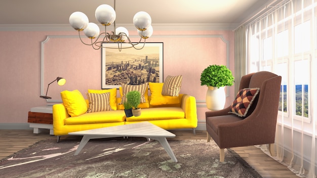 Illustration of zero Gravity Sofa hovering in living room