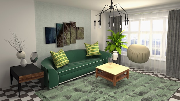 Illustration of zero Gravity Sofa hovering in living room