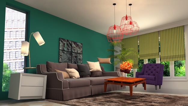 Illustration of zero gravity sofa hovering in living room