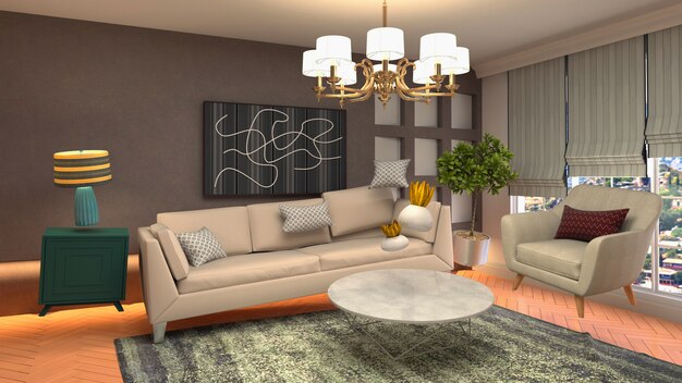 Illustration of zero Gravity Sofa hovering in living room