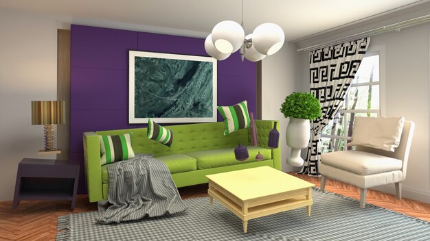 illustration of zero gravity sofa hovering in living room
