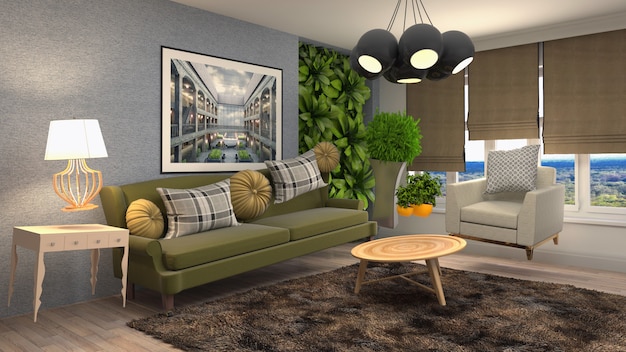 Photo illustration of zero gravity sofa hovering in living room