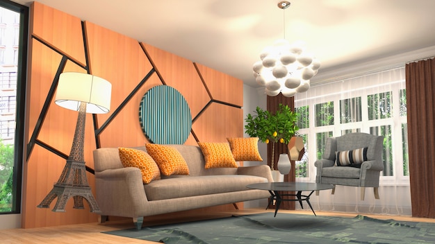 Illustration of zero Gravity Sofa hovering in living room