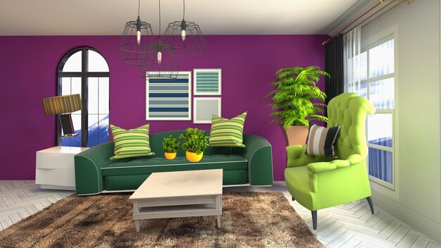 illustration of zero gravity sofa hovering in living room