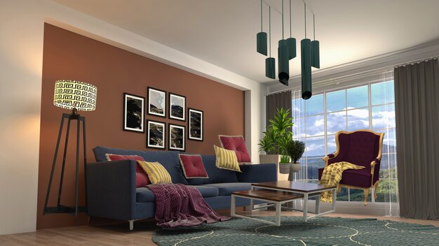 Illustration of zero Gravity Sofa hovering in living room