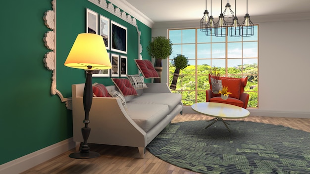 Illustration of zero Gravity Sofa hovering in living room