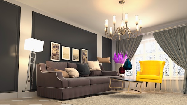 Illustration of zero Gravity Sofa hovering in living room