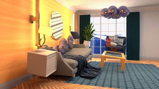 Illustration of zero Gravity Sofa hovering in living room