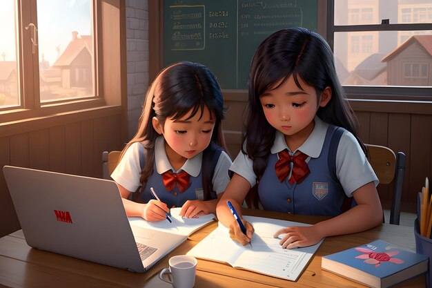 illustrationofhandheldshotofvillageschoolgirlkids심각하게바쁘다작업온노트북