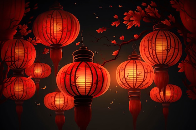 illustrationred lanterns in the night of chinese new yeargenerative ai